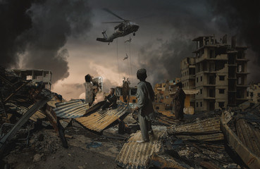 Homeless kids looking at military forces and helicopters top of destroyed city 