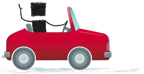 Naklejka premium Driving a car, isolated on white background. Illustration of a stick figure driving a car.