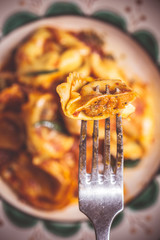 Tortellini with Tomato Sauce, Mozzarella Cheese and Basil on Rustic Plate