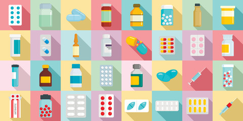 Antibiotic icons set. Flat set of antibiotic vector icons for web design