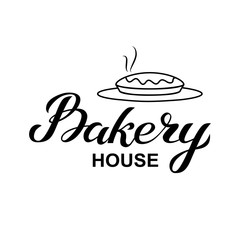 Bakery house logo card. Typography hand drawn vector illustration, poster with hot pie. Banner template, black and white.