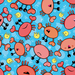 Cute orange crab and yellow jellyfish with random bubbles. Seamless vector pattern on blue background with transparent bubble texture. Great for bathroom, kids products, packaging, stationery, gifts