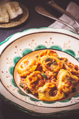 Tortellini with Tomato Sauce, Mozzarella Cheese and Basil on Rustic Plate