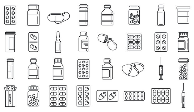 Antibiotic drug icons set. Outline set of antibiotic drug vector icons for web design isolated on white background