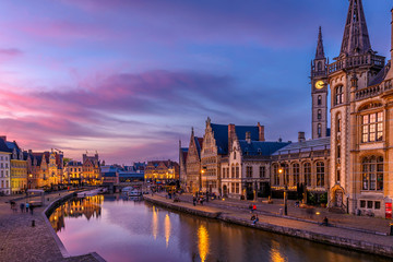 View of Graslei, Korenlei quays and Leie river in the historic city center in Ghent (Gent),...