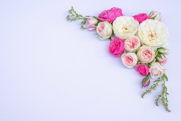 Obraz na płótnie Canvas flowers on white background composition postcard english roses peony design border