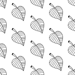 Fototapeta na wymiar Cute cartoon leaf pattern with hand drawn leaves. Sweet vector black and white leaf pattern. Seamless monochrome doodle leaf pattern for textile, wallpapers, wrapping paper, cards and web.