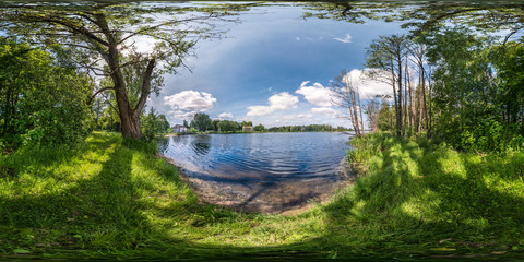 full seamless spherical hdri panorama 360 degrees angle view on precipice of wide river in deciduous forest in sunny summer day in equirectangular projection, ready for AR VR virtual reality content