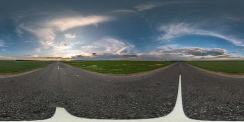 seamless spherical hdri panorama 360 degrees angle view on asphalt road among fields in summer...