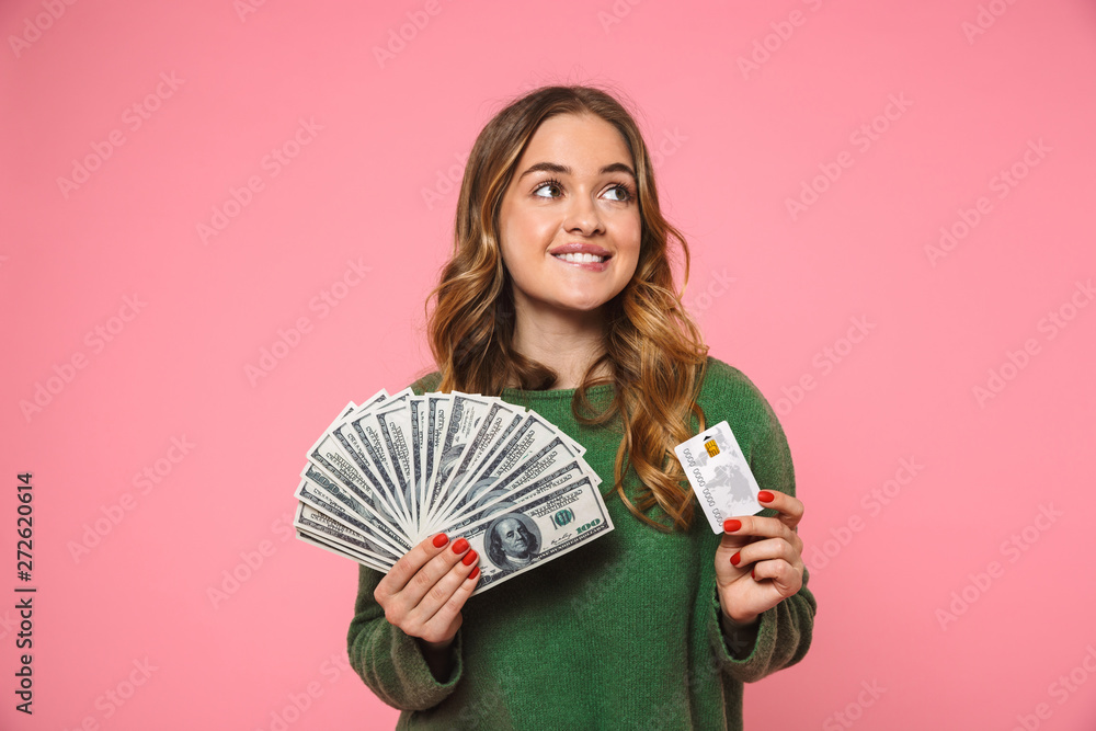 Sticker smiling blonde woman wearing in green sweater holding money