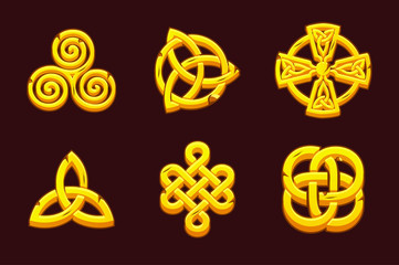 Vector Golden celtic symbols. Cartoon set celtic icons.