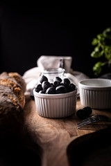 Black olives, tasty healthy snack. A healthy Mediterranean diet. 
