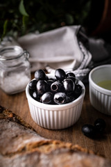 Black olives, tasty healthy snack. A healthy Mediterranean diet. 
