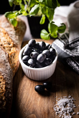 Black olives, tasty healthy snack. A healthy Mediterranean diet. 