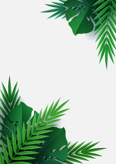 Hello summer, summertime. Background of tropical plants. Palm leaves, jungle leaf. The poster for sale and an advertizing sign.  Vector