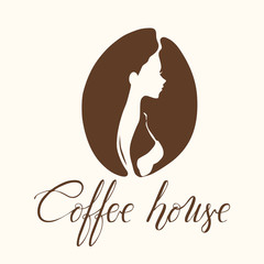 Logo with profile of woman and coffee beans for coffee shop, coffee point or cafe.