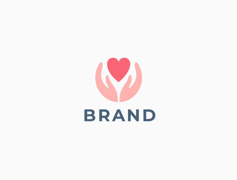 Hands with heart logo. Love, care, sharing, charity, medicine symbol. Valentines day logotype. Abstract medical health logo. Foundation logotype.