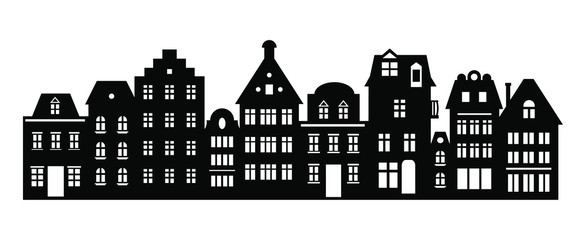 Laser cutting Amsterdam style houses. Silhouette of a row of typical dutch canal view at Netherlands. Stylized facades of old buildings. Wood carving vector template. Background for banner, card.