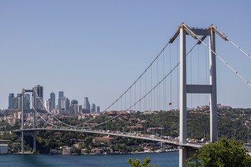Fototapeta na wymiar Close-up of Fatih Sultan Mehmet Bridge. It was taken in the Beykoz area. Green plants and trees.