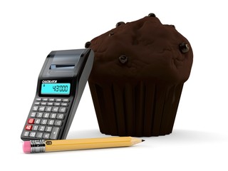 Muffin with calculator and pencil
