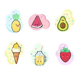 Kawaii summer food. Tasty sammer.  Set of bright cute stickers. Icons with summer food.