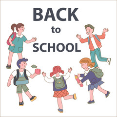 Back to school banner or poster with children cartoon characters running to school flat vector illustration background. Cute kids in educational autumn season concept.