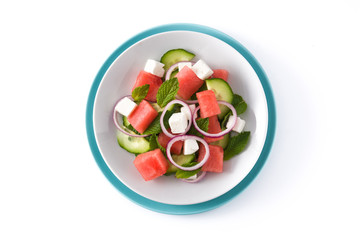 Watermelon salad with feta cheese isolated on white background