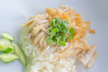 The steamed Hainanese chicken rice in Thai called khao Mun Kai delicious Asian food