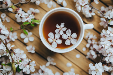 Obraz na płótnie Canvas A round white cup with fragrant, flowered black tea tea on a wooden background, decorated with apricot twigs and petals. Breakfast, health, herbal therapy, healthy food. Concept and composition.