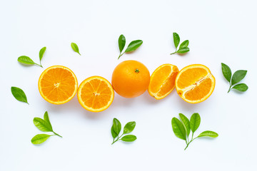 High vitamin C, Juicy and sweet. Fresh orange fruit with green leaves  on white