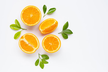 High vitamin C. Fresh orange citrus fruit with leaves isolated on white.