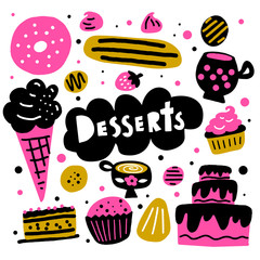 Desserts. Vector cartoon illustration of different cakes, coffee and sweets.