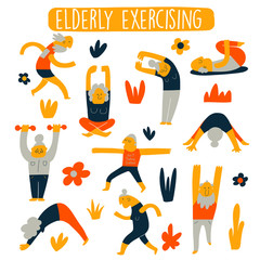 Funny cartoon vector set of elderly exercising. Healthy life style concept for seniors people