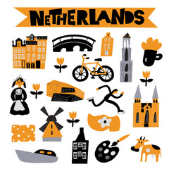 Vector flat illustration of different Netherlands attractions, landmarks and symbols