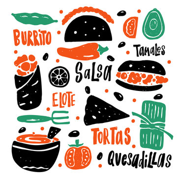 Mexican street food. Hand drawn vector illustration and lettering, isolated on white.