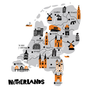 Vector flat cartoon map of Netherlands. Illustration of different attractions. Isolated on white background.