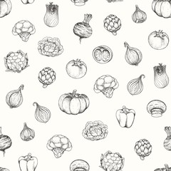 Seamless food pattern with vegetables, hand drawn vector illustration in vintage style.