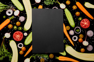 top view of empty black card on vegetable pattern isolated on black