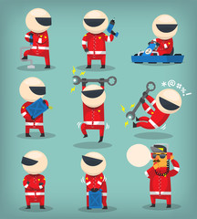 Set of colorful racing participants, engineers and pit stop workers doing their job