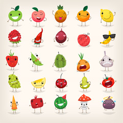 Set of colorful fruit characters with cool and happy faces. Fruit and food emoticons.