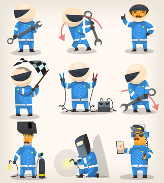 Set of colorful racing participants, champions, engineers and pit stop workers. Vector illustrations