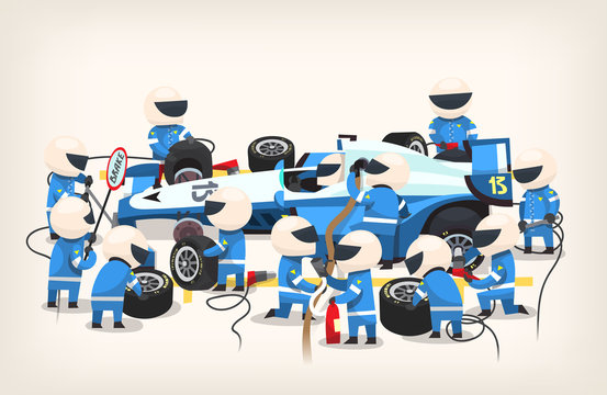 Colorful image with pit stop workers and engineers wearing blue uniform maintaining technical service for a racing car during competition event. Vector illustration