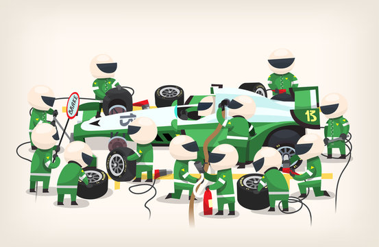 Pit stop workers and engineers dressed in green work suits maintain technical service and upgrade actions for a vehicle during a race car sports competition. Vector illustration for posters
