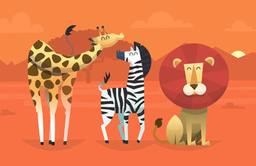 Portrait of friendly wild savanna animals taking picture in the desert on sunset with mountains on the background. Vector illustration