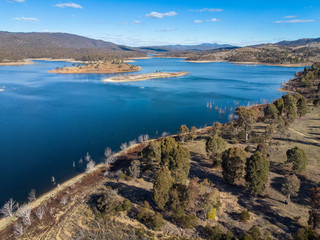 An aerial of trees submerged in the water of Googong Dam, NSW