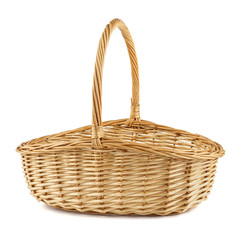 Empty wicker picnic basket. Isolated on white. - obrazy, fototapety, plakaty