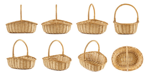 Set of wicker picnic baskets shot from different angles. - obrazy, fototapety, plakaty