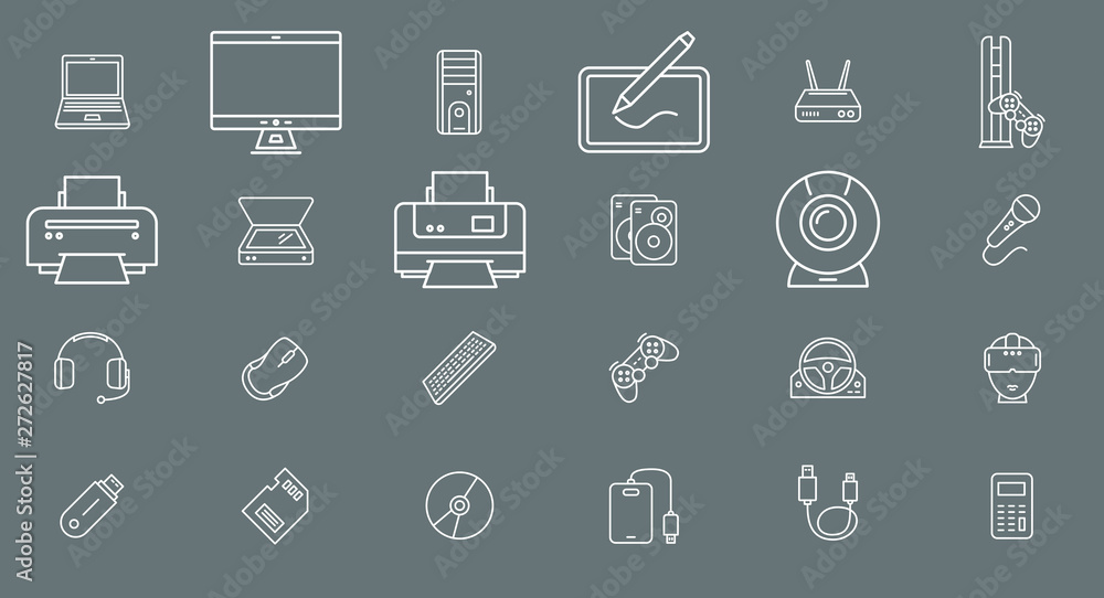 Poster electronic devices icons - outline vector set symbols of technique and computer for the site or inte