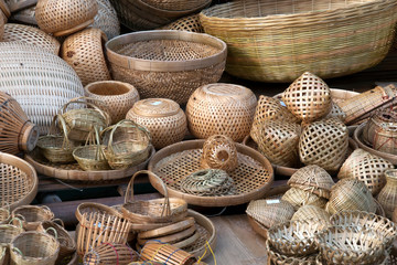 HCMC Vietnam, handmade woven bamboo baskets and dishes for sale in street market