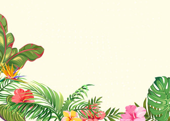 Fototapeta na wymiar Background with tropical leaves and flowers. Exotic plants